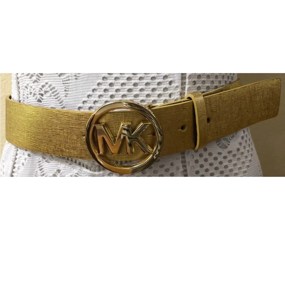 Women's Michael Kors Belt Gold Leather Size Small 1.5" Wide e/MK Buckle